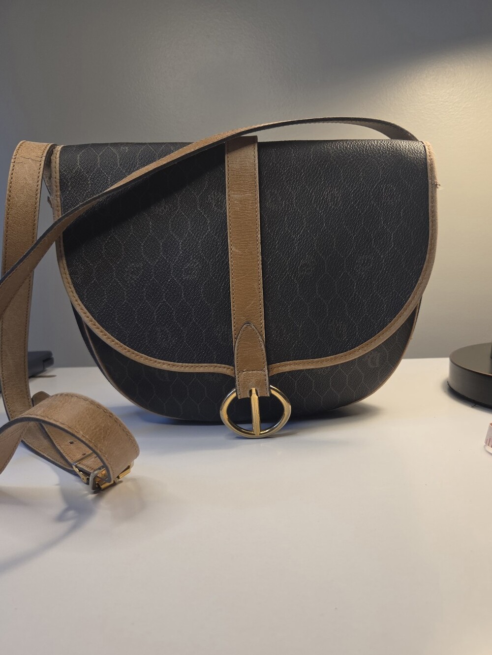 CHRISTIAN DIOR Honeycomb Canvas/Leather Crossbody Shoulder Bag Vintage Read